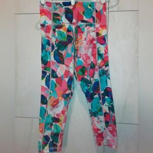 Zyia Active Pink Blue Green Leaf Design Capri Leggings size 6 8, size small EUC